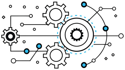 Abstract digital illustration of interconnected gears and circuits representing technology innovation and mechanical systems with a futuristic and modern aesthetic
