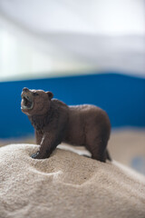 The concept of psychology. Sand
therapy. A bear figurine in a blue
sandbox. Psychology. Therapy. PTSD