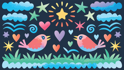 Obraz premium Watercolor featuring birds, hearts, stars, clouds, grass, and water elements artfully arranged