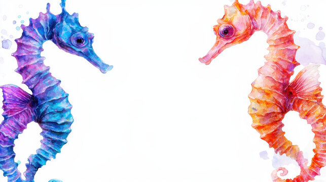 Colorful seahorses in vibrant hues of blue and orange, showcasing intricate details and artistic flair