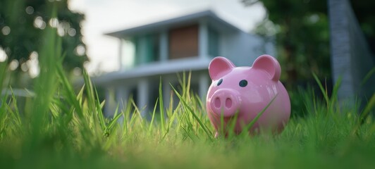The pink piggy bank on the grass near a modern house.