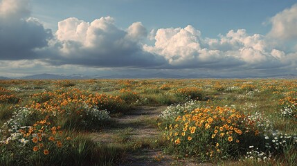 A sun-drenched field of wildflowers, predominantly orange and white daisies, stretches to distant mountains under a partly cloudy sky.  A subtle path meanders through the vibrant blooms