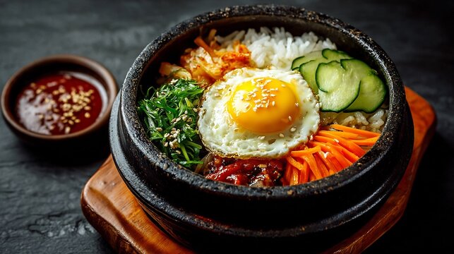 Close up shot of bibimbap in a stone bowl with a fried egg and a side of sauce on a wooden board