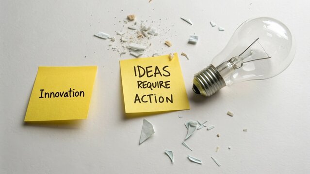 Sticky Notes on Innovation with Light Bulb and Shattered Glass Pieces