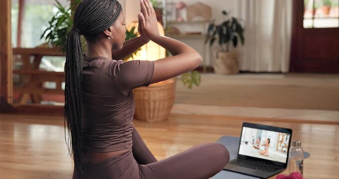Breathe, yoga mat and person in home on laptop for meditation, online tutorial and mindfulness. Prayer hands, computer and girl with calm, zen and peace for wellness, mental health and virtual lesson
