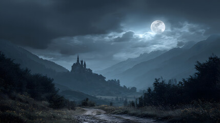 The background for a scary fairy tale background, a dark gothic castle in a dark dead valley, moonlight, some gray place in a gloomy mountain region.