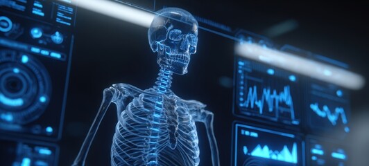 The holographic skeleton showcasing advanced medical technology and data visualization.