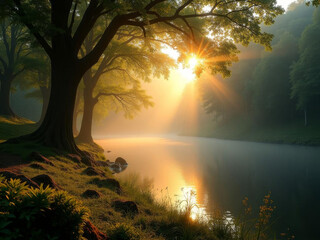Fototapeta premium Lever de soleil sur lac paisible entouré de forêt et brume, paysage naturel magnifique