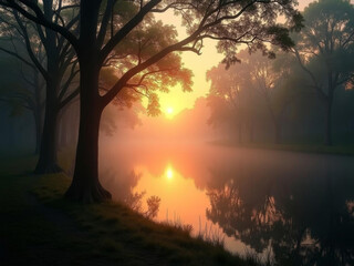 Naklejka premium Lever de soleil brumeux sur rivière calme entourée d’arbres et nature paisible au petit matin