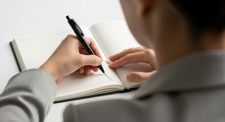 Over the shoulder view of a professional writing down ideas and plans in a notebook