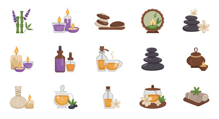 Set of spa relaxation and aromatherapy icons featuring hot stones, essential oils, and wellness elements for beauty and self-care concepts.