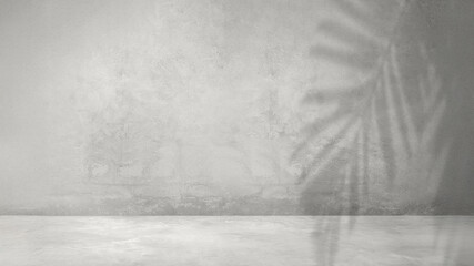 Neutral Concrete Wall Background with Palm Leaf Shadow - Texture, Minimalist, Empty Space, Sunlight, Modern, Room.