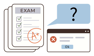 Exam papers with A grade, checkmarks, error popup with Ok button, and question bubble. Ideal for education, achievement, uncertainty, evaluation success online learning academic efforts. Simple