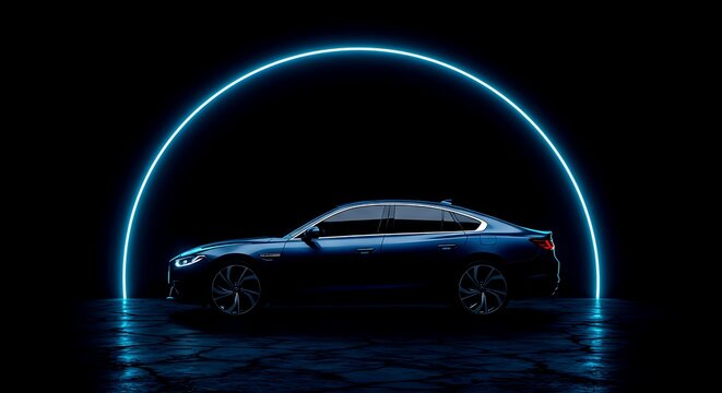 Dark blue sedan parked on wet reflective surface under a bright blue neon arch vehicle - Powered by Adobe