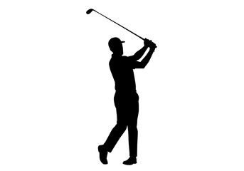 Obraz premium Silhouette of a golfer in mid swing against a white background with a golf club up