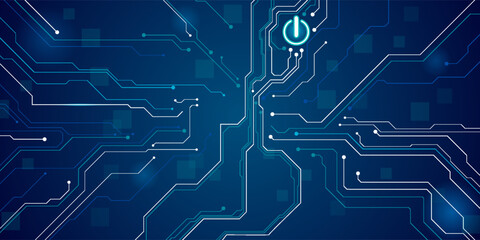 AI innovation futuristic concept. Technology blue background. ON Power blue button, and circuit board. Artificial intelligence and Machine Learning cover. For web and presentation bg.