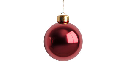 Glossy Red Christmas Bauble with Gold Cap and String, Front View, Transparent Background