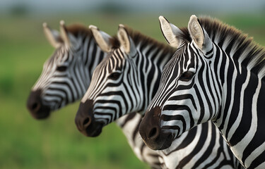 Three zebras in the savanna, a close-up shot of their heads and necks,