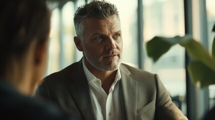 Obraz premium Confident Mature Businessman in Meeting, Serious Expression, Thoughtful Gaze, Professional Attire, Corporate Discussion, Indoor Setting, Modern Office
