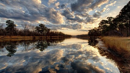 Serene sunset reflected in a calm river, with bare trees lining the banks and a dramatic, colorful sky filled with fluffy clouds