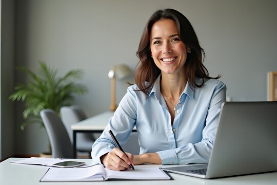 Joyful female bookkeeper managing finances and corporate accounting
