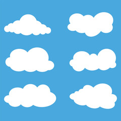 Collection of flat white clouds set on blue background. Vector set of cartoon flat illustration. Cloud