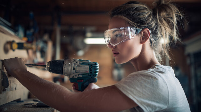 Young Woman Wearing Safety Goggles Using Power Drill in Home Garage Workshop, Female doing a masculine hobby