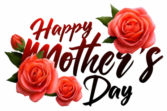 Elegant happy mother's day greeting with red rose bouquet and stylish typography design on transparent background