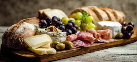 The delicious charcuterie board featuring cheeses, meats, and fresh fruits.