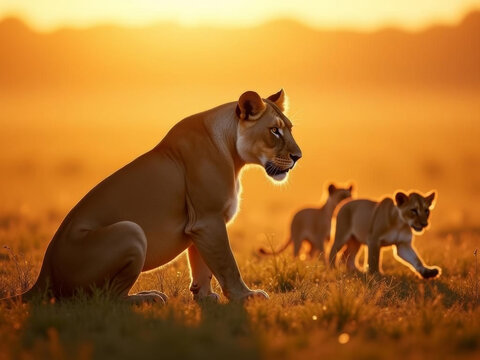 Lionne majestueuse guidant ses lionceaux &agrave; travers la savane dor&eacute;e au coucher du soleil
