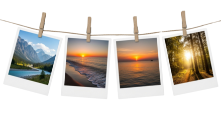 Four photos hanging on a line with clothespins, isolated on transparent background