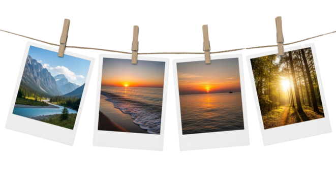 Four photos hanging on a line with clothespins, isolated on transparent background