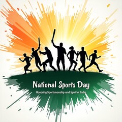 Dynamic Graphic Illustration for National Sports Day in India Featuring Athlete Silhouettes and Indian Flag
