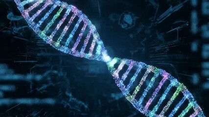 A digital rendering of a dna strand with colorful lights against a dark background with data displays - Powered by Adobe