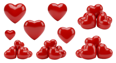 Collection of red hearts isolated on transparent background