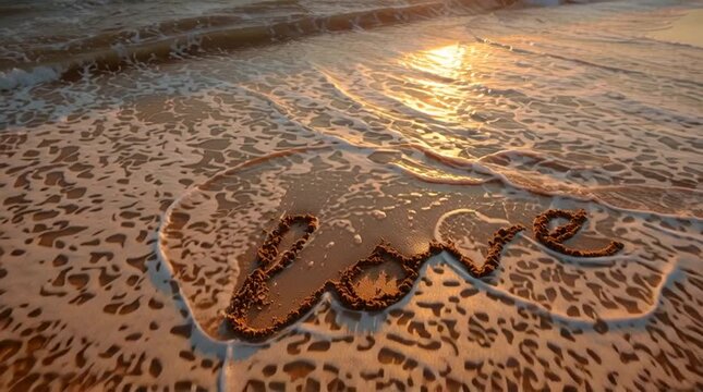 The word love written in the sand on an ocean bae