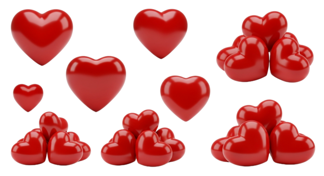 Collection of red hearts isolated on transparent background