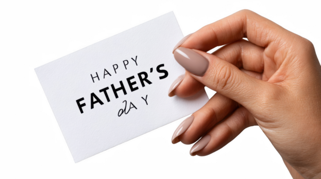 Close-up shot of a woman holding a 'Happy Father's Day' card with manicure nails on transparent background. - Powered by Adobe