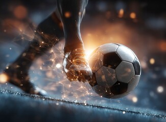 Soccer ball and foot in action on the background of an abstract low-poly network with bright light spots, elements of digital networks and connections, glowing lights around, dynamic composition, 