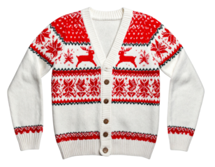 Festive Patterned Christmas Sweater with Snowflakes and Reindeer, Laid Flat, PNG