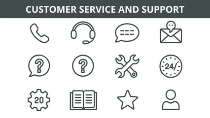 Customer Service and Support Vector Icons Set - Help, Contact, Communication, FAQ, 247 Service, and Technical Assistance Symbols