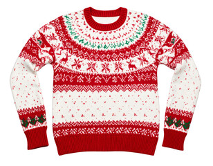 Festive Patterned Christmas Sweater with Snowflakes and Reindeer, Laid Flat, PNG (4)