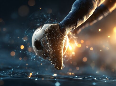 Soccer ball and foot in action on the background of an abstract low-poly network with bright light spots, elements of digital networks and connections, glowing lights around, dynamic composition,  - Powered by Adobe
