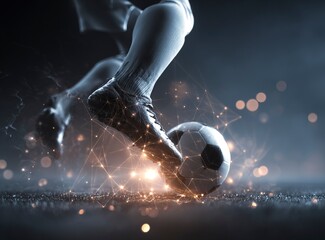 Soccer ball and foot in action on the background of an abstract low-poly network with bright light spots, elements of digital networks and connections, glowing lights around, dynamic composition