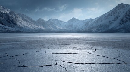 A vast, cracked frozen lake surrounded by snow-covered mountain peaks under a moody, cloudy sky.