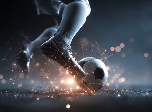 Soccer ball and foot in action on the background of an abstract low-poly network with bright light spots, elements of digital networks and connections, glowing lights around, dynamic composition