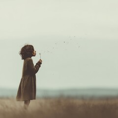 A young girl in a brown dress stands in a field, blowing on a dandelion with seeds drifting away in the soft, muted landscape.