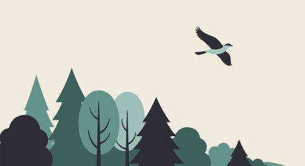 Fototapeta premium Bird Flies Over Forest. Graphic illustration. Nature backdrop. Vector use
