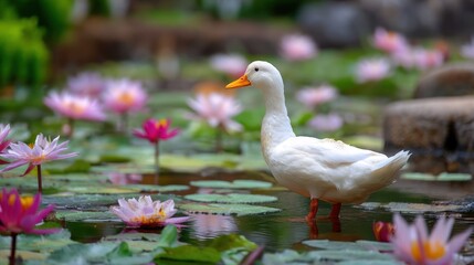 Obraz premium White duck standing beside blooming lotus flowers in a pond