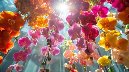 Vibrant orchids hanging under bright sunlight beams